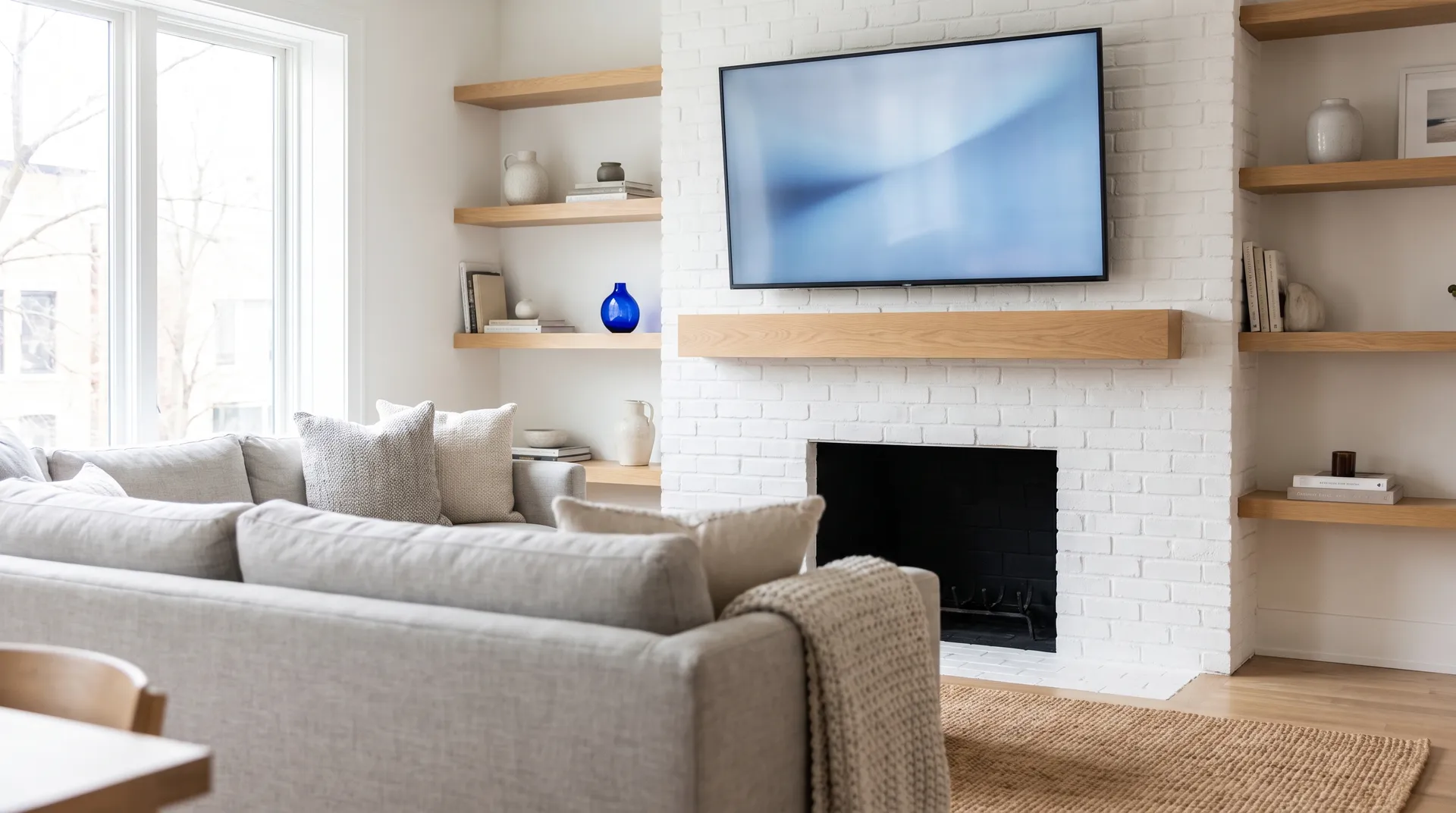 TV mounted above a white brick fireplace with an oak mantel shelf