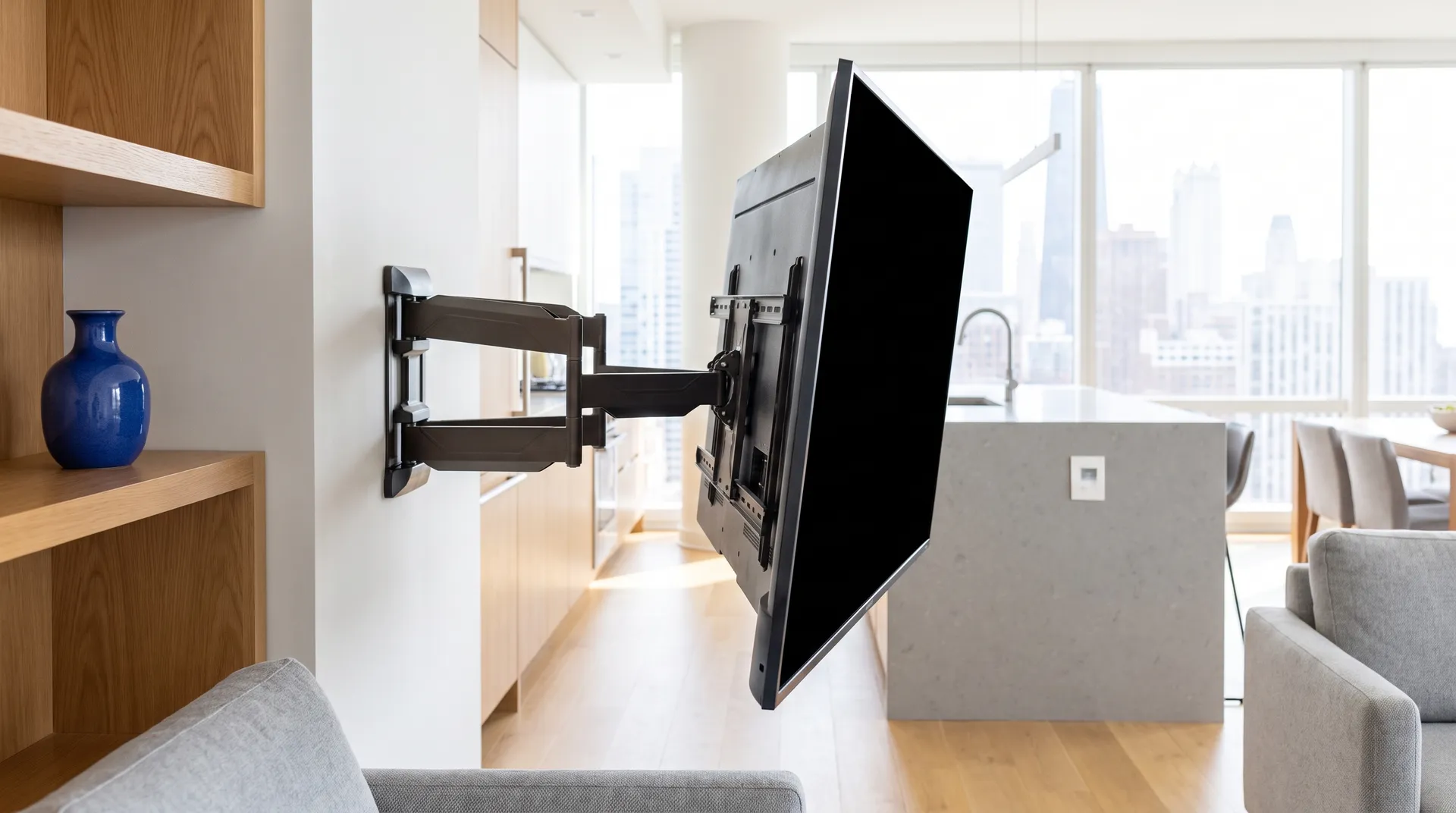 TV on an extended full-motion arm angled toward the kitchen island in a bright open-plan condo