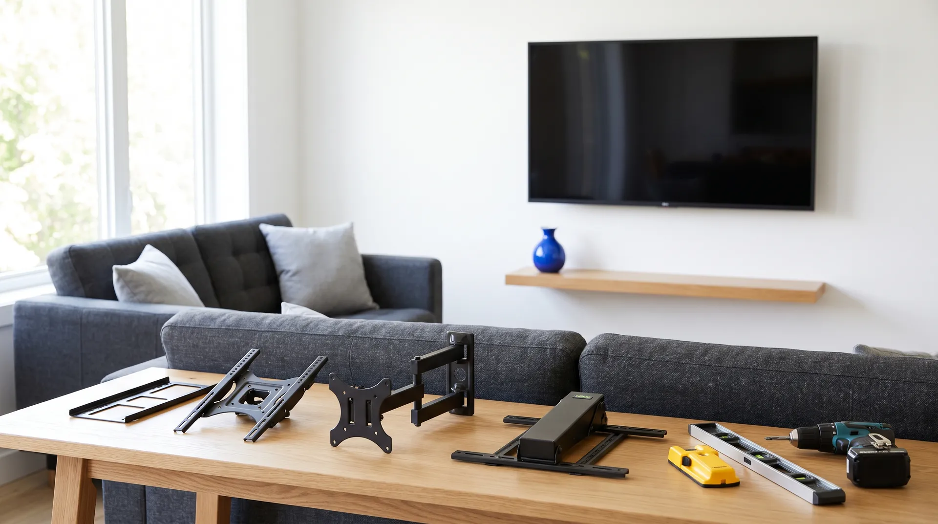 Fixed, tilting, full-motion and drop-down TV brackets side by side on a workbench with a level and drill