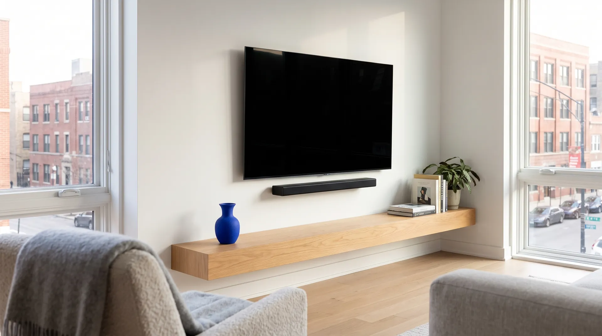 Wall-mounted TV and soundbar above a floating oak shelf with no visible cables