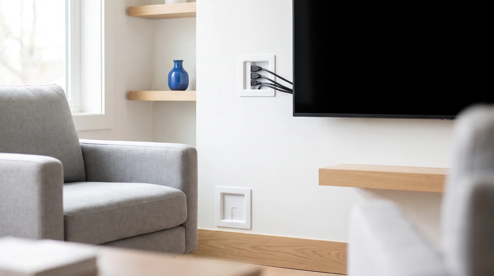 Recessed cable and power plate behind a mounted TV with a matching plate near the baseboard