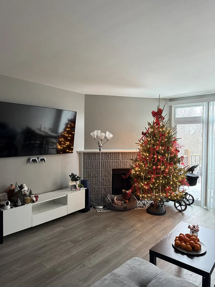 Living room TV mounted beside a decorated tree