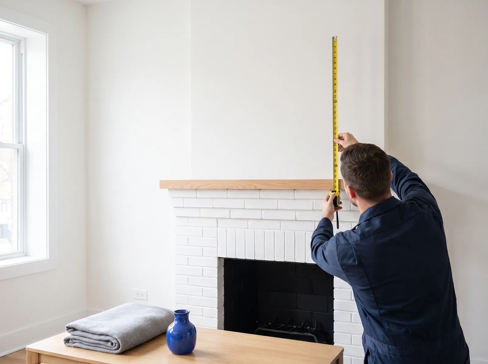 Installer measuring the empty wall above a white brick fireplace mantel