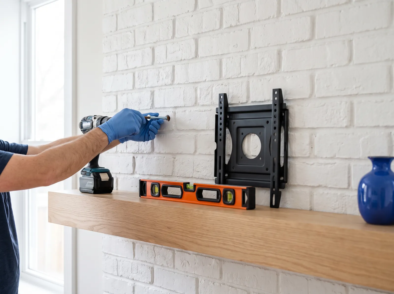 Installer fitting a masonry anchor in painted brick above a fireplace mantel
