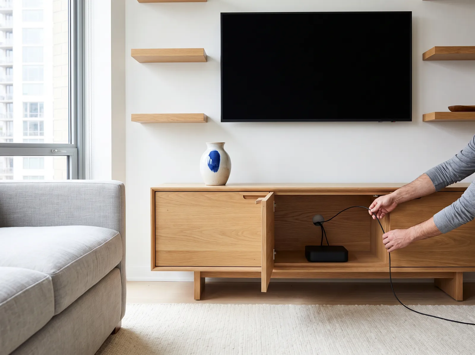 Installer connecting a media box inside an oak console below a mounted TV