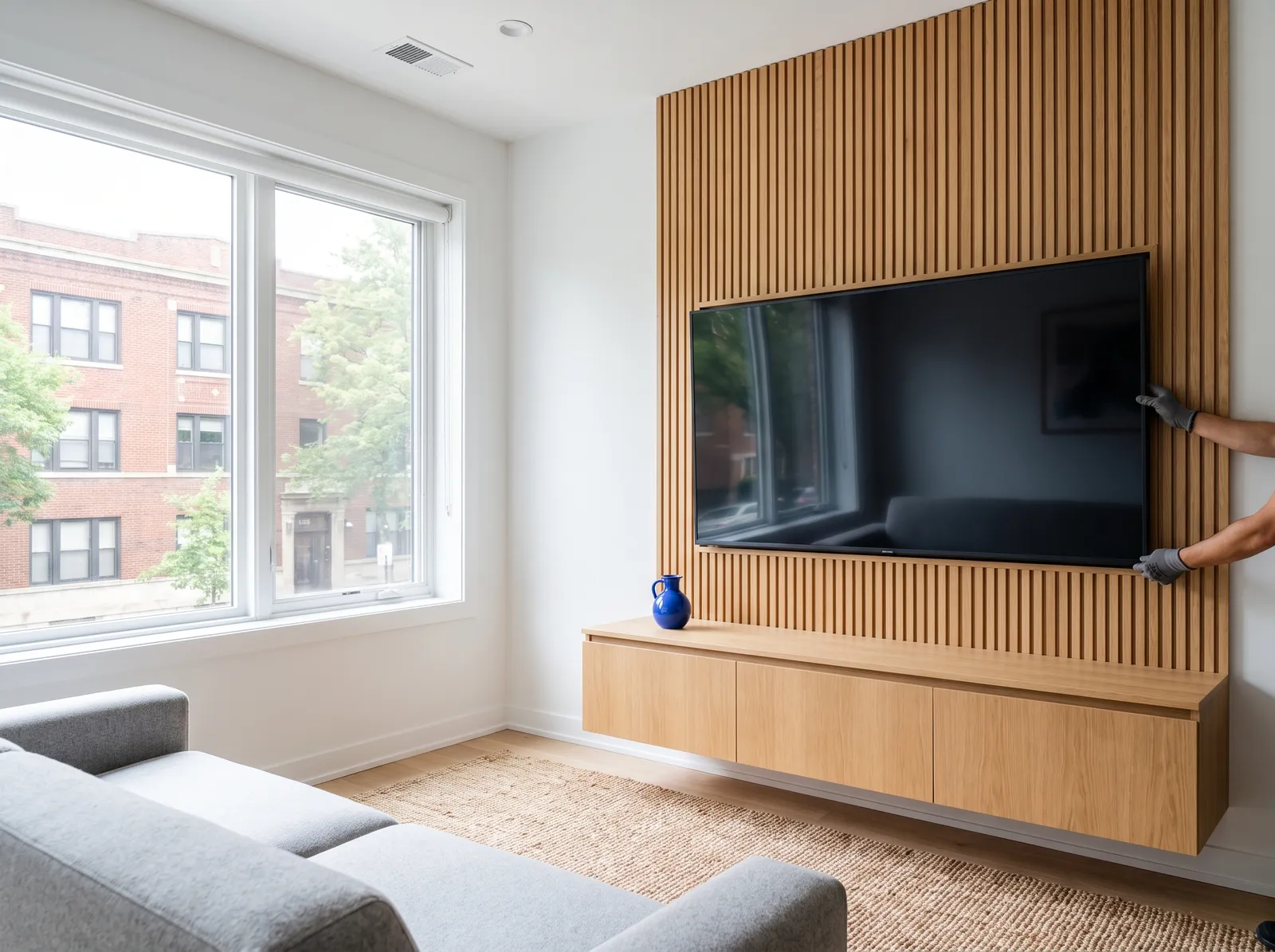 TV on an oak slat wall above a floating console with no cables showing