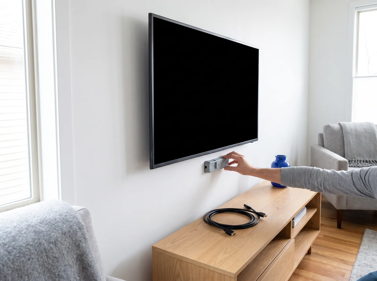Installer checking the wall below a mounted TV with a stud finder