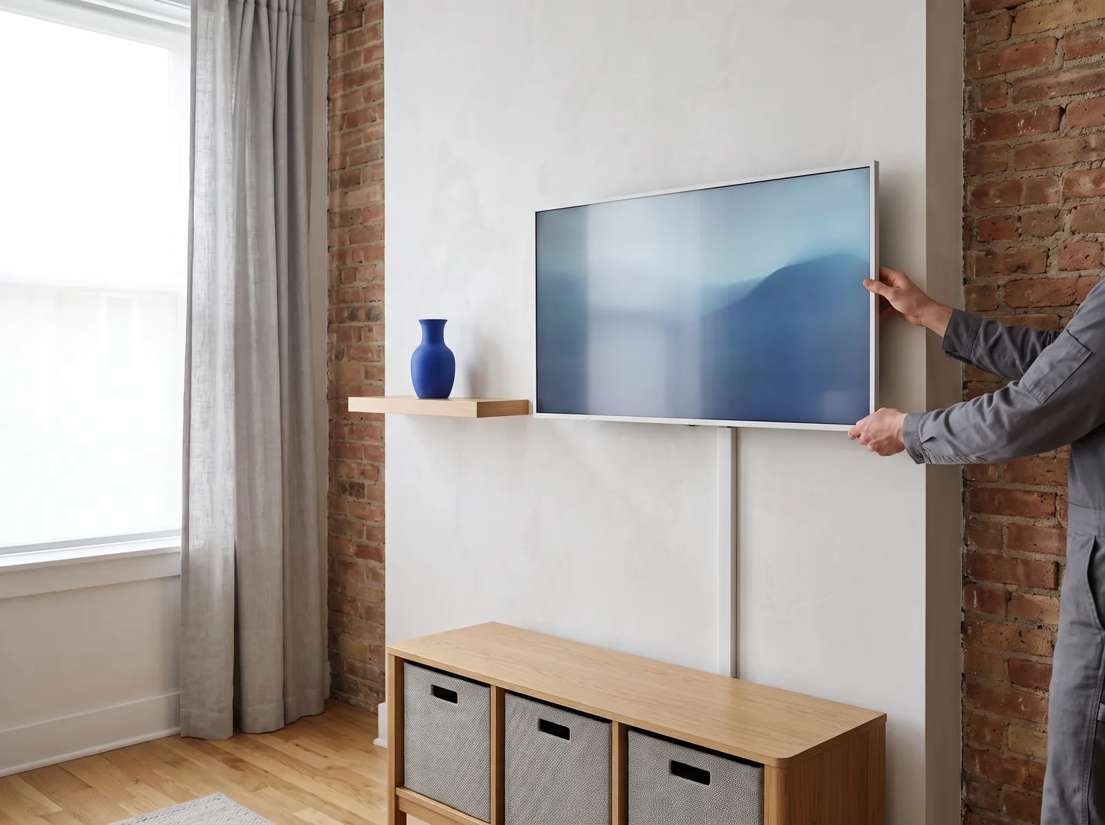Paintable cord cover running from a mounted TV down to a storage console