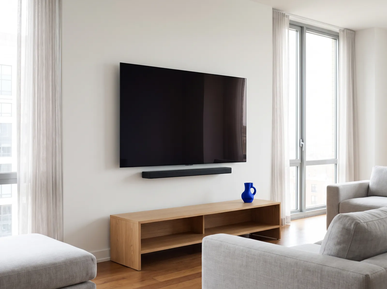 Soundbar mounted centred under a wall-mounted TV