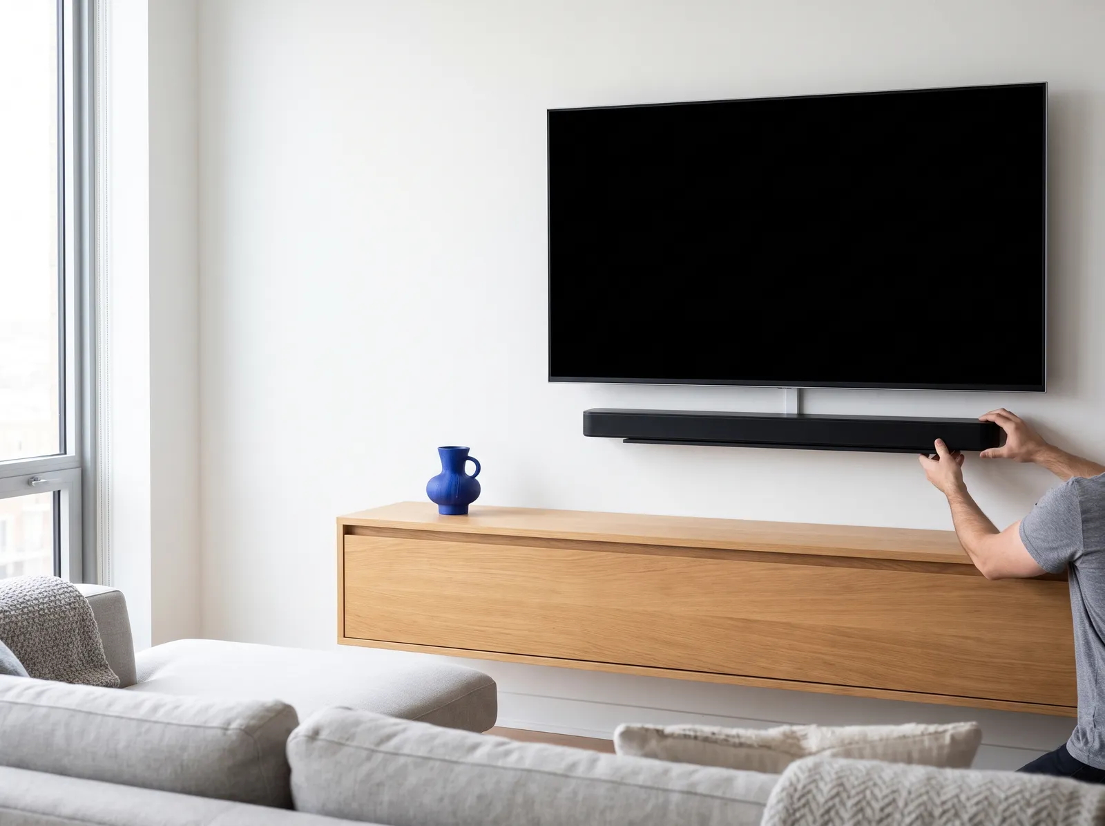 Installer fitting a soundbar under a wall-mounted TV