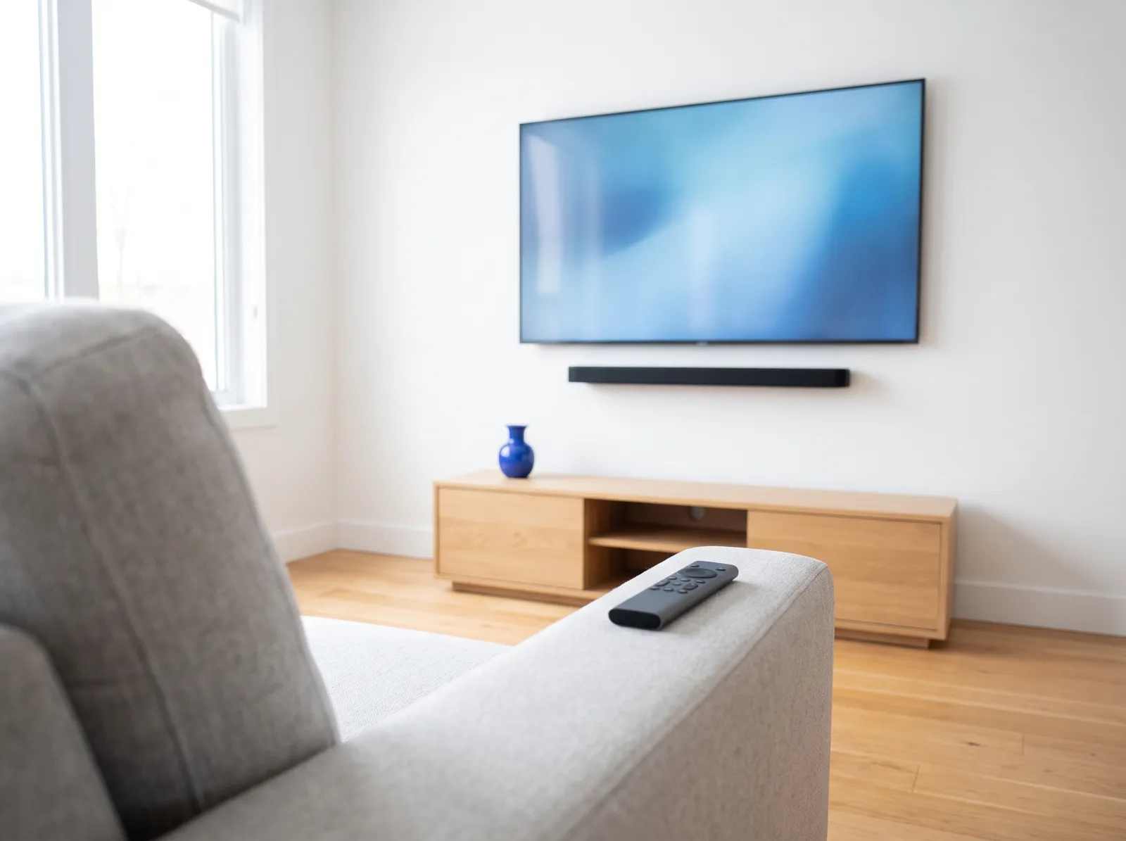 Remote on the sofa arm with a mounted TV and soundbar behind