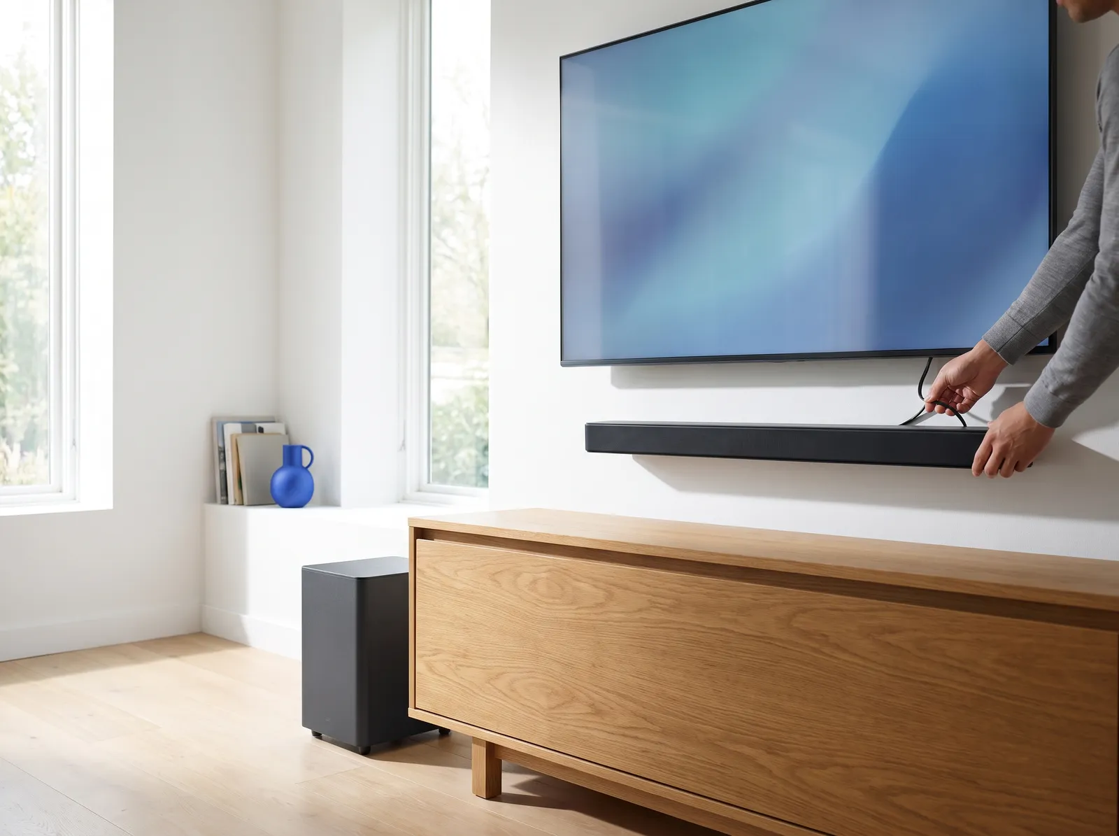 Installer fitting a soundbar under a TV, with a subwoofer beside the console