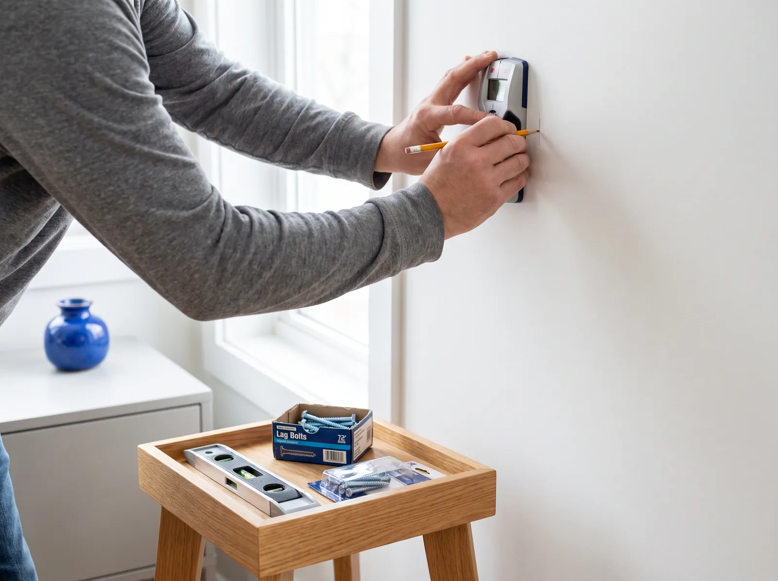 Installer marking a stud with a stud finder, with lag bolts and a level ready