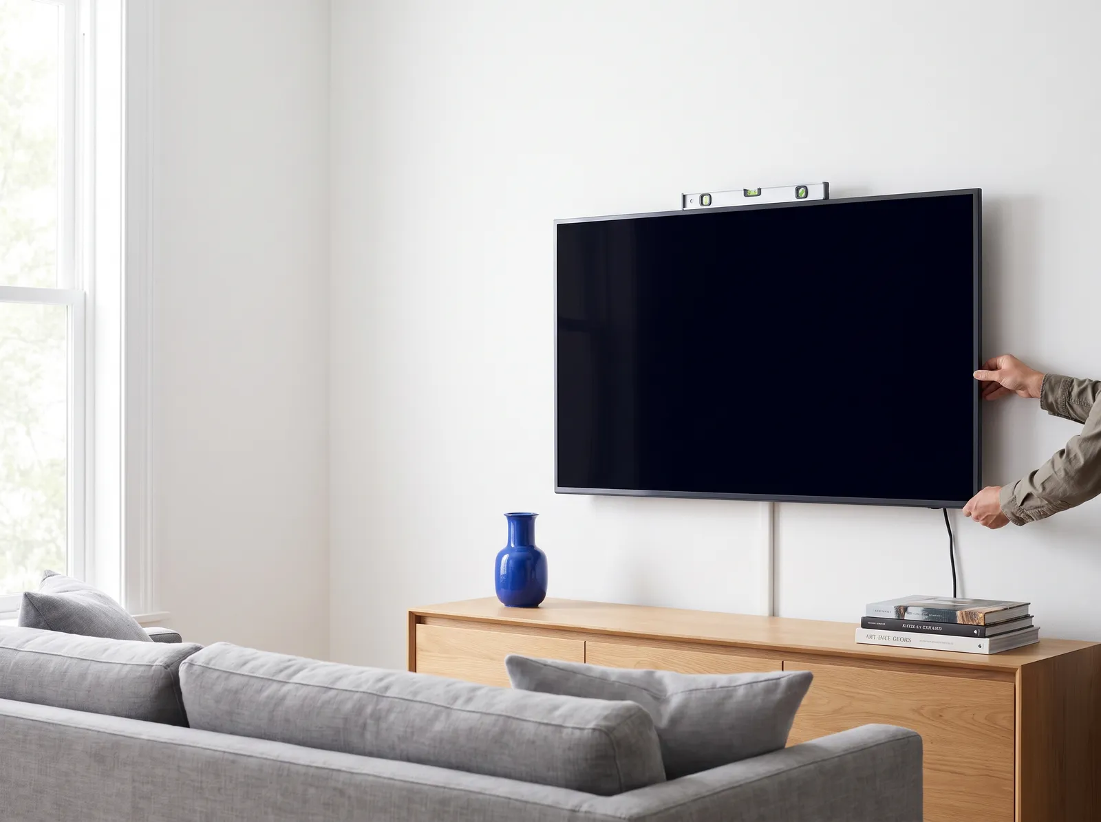 Installer leveling a wall-mounted TV with a bubble level on top