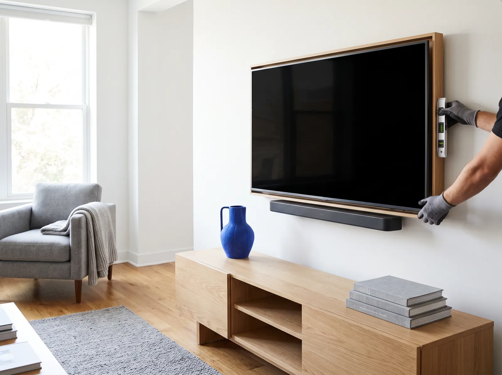 Installer leveling a wall-mounted TV with a soundbar below it