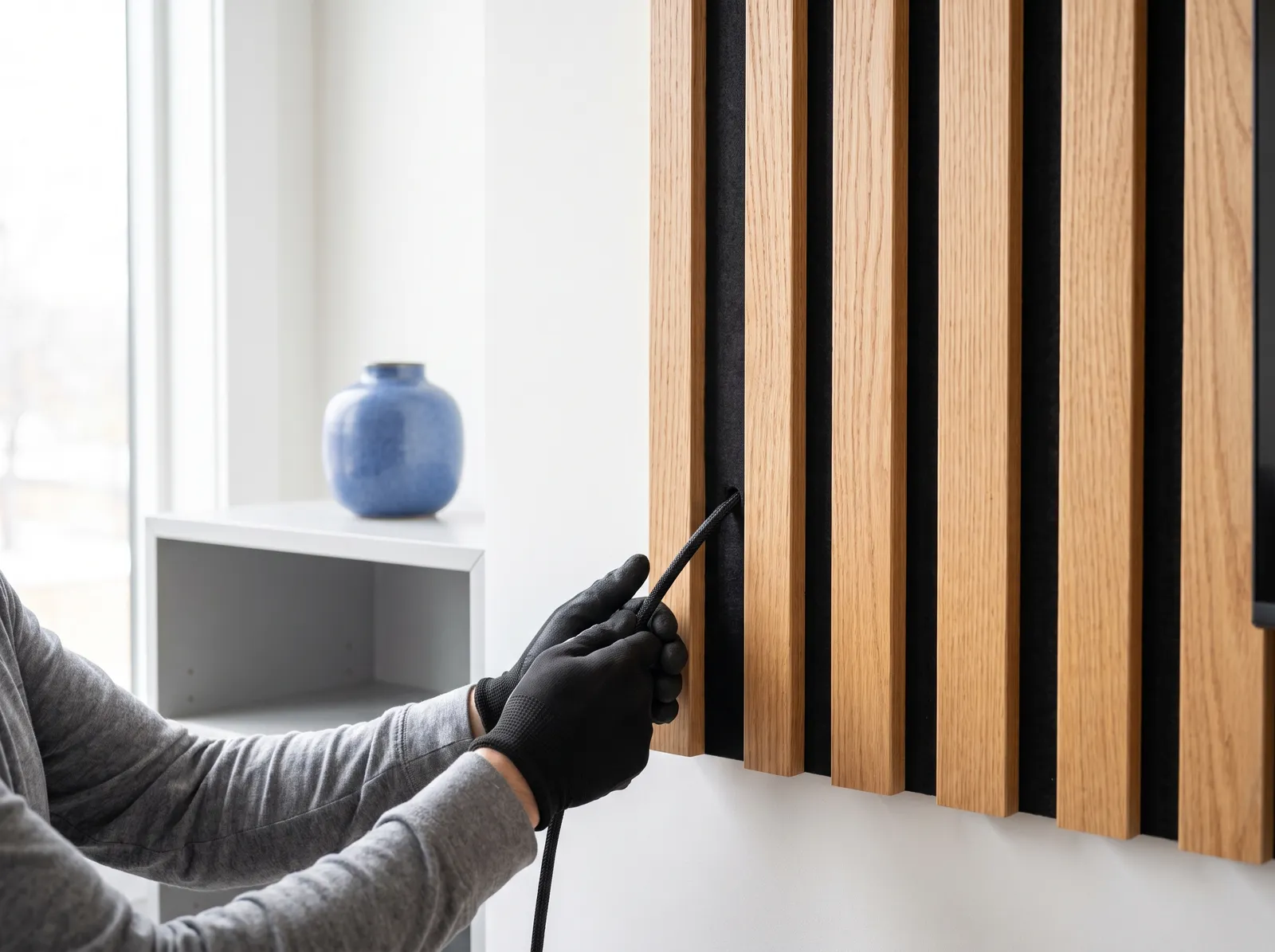 Installer feeding a cable behind oak slats with felt backing