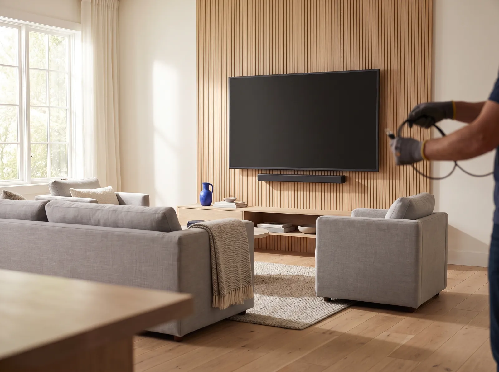 TV centred on a light oak slat wall with a soundbar